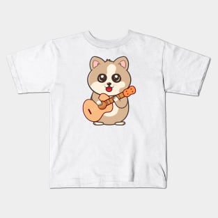 Cute Cat Playing Acoustic Guitar Cartoon Kids T-Shirt